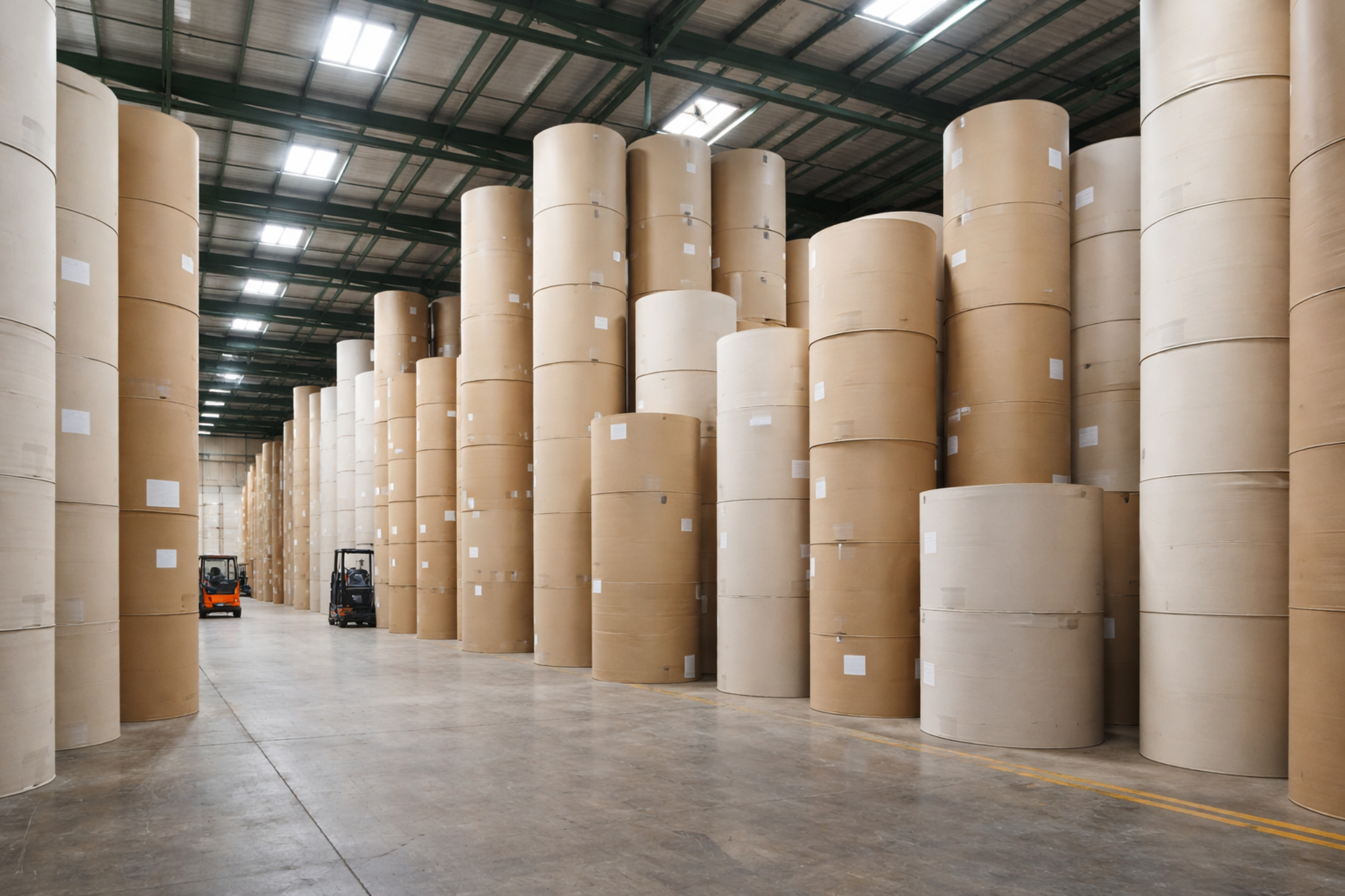 Large paper rolls stacked in a warehouse